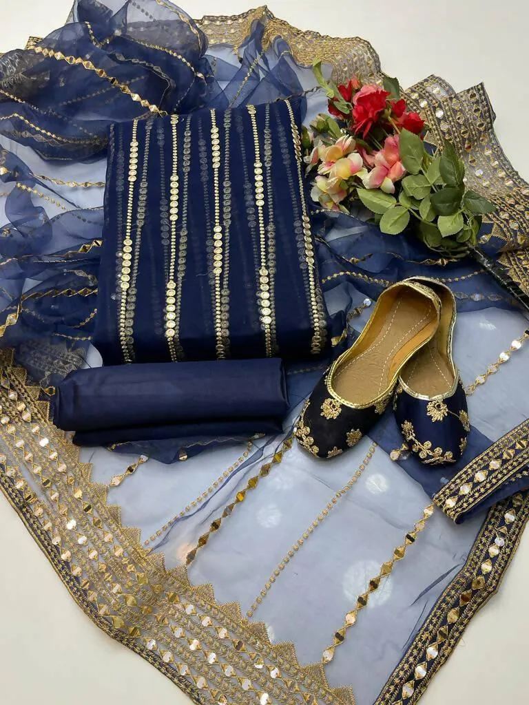 3 PC Unstitched Organza Shirt & Tissue Dupatta With kataan Trouser