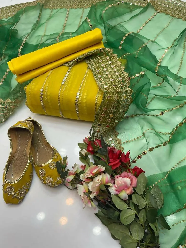 3 PC Unstitched Organza Shirt & Tissue Dupatta With kataan Trouser