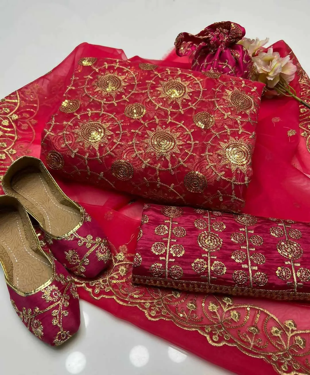 3 PC Unstitched Organza Shirt & Tissue Dupatta With kataan Trouser