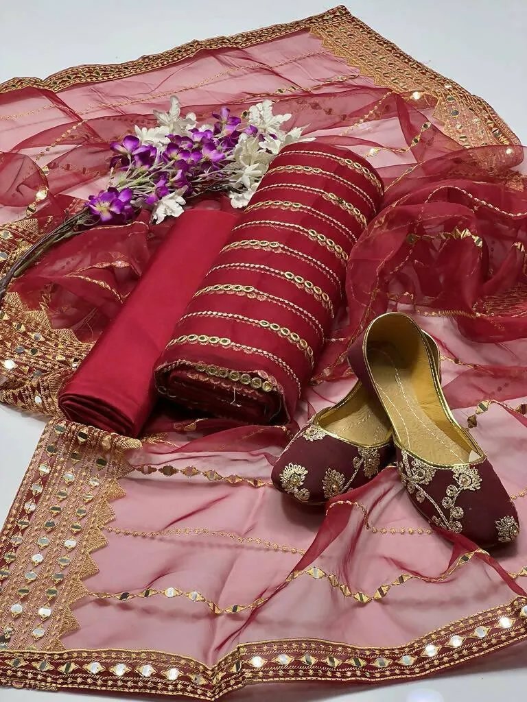 3 PC Unstitched Organza Shirt & Tissue Dupatta With kataan Trouser