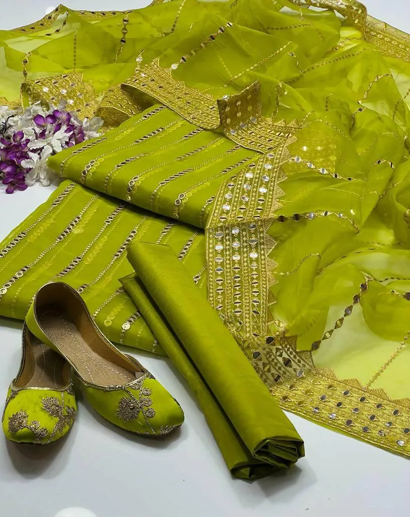 3 PC Unstitched Organza Shirt & Tissue Dupatta With kataan Trouser