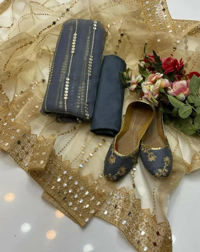 3 PC Unstitched Organza Shirt & Tissue Dupatta With kataan Trouser