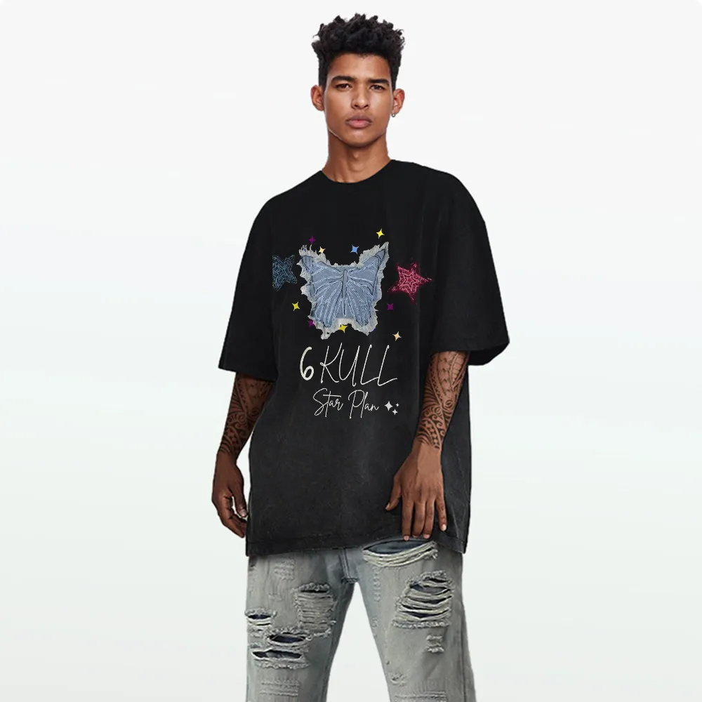 6Kull | Star Plan Butterfly Denim Washed T-Shirt