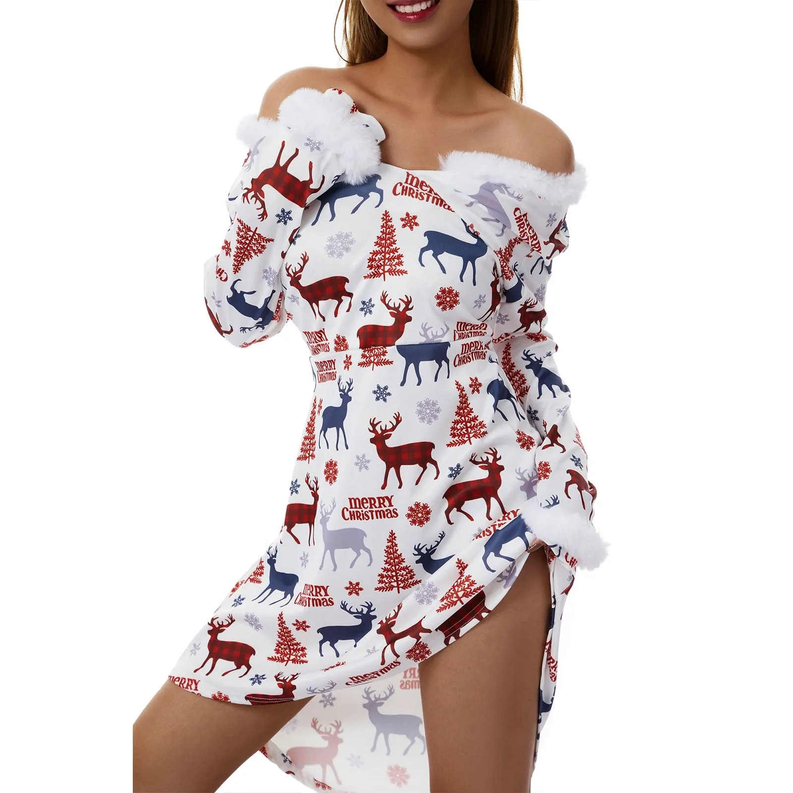 Amy Fashion - Christmas Long Sleeve Plush V Neck  Casual Dresses