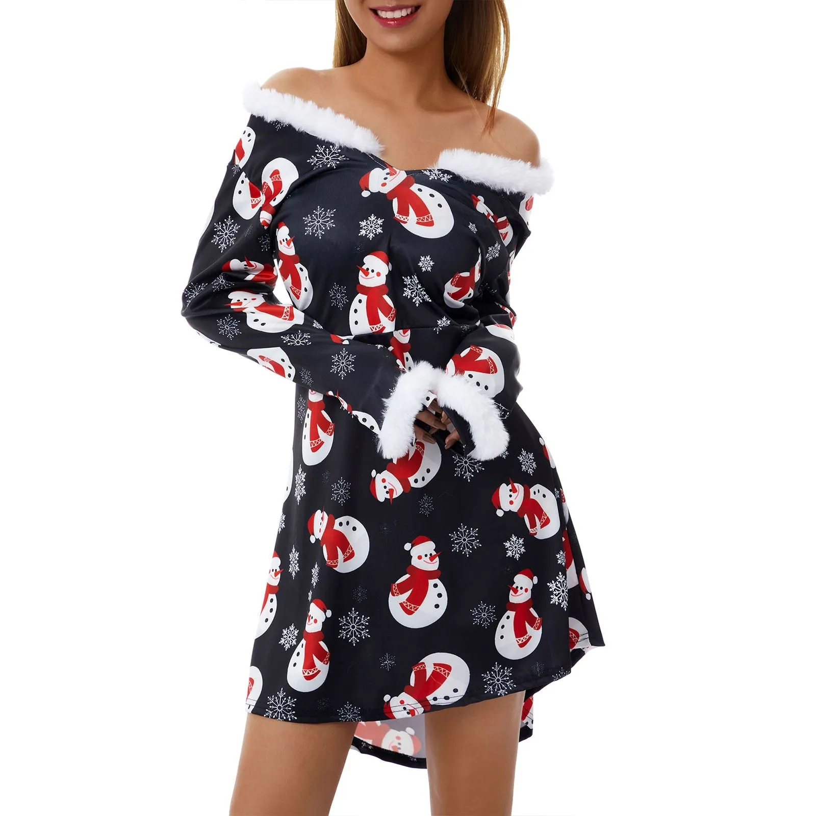 Amy Fashion - Christmas Long Sleeve Plush V Neck  Casual Dresses
