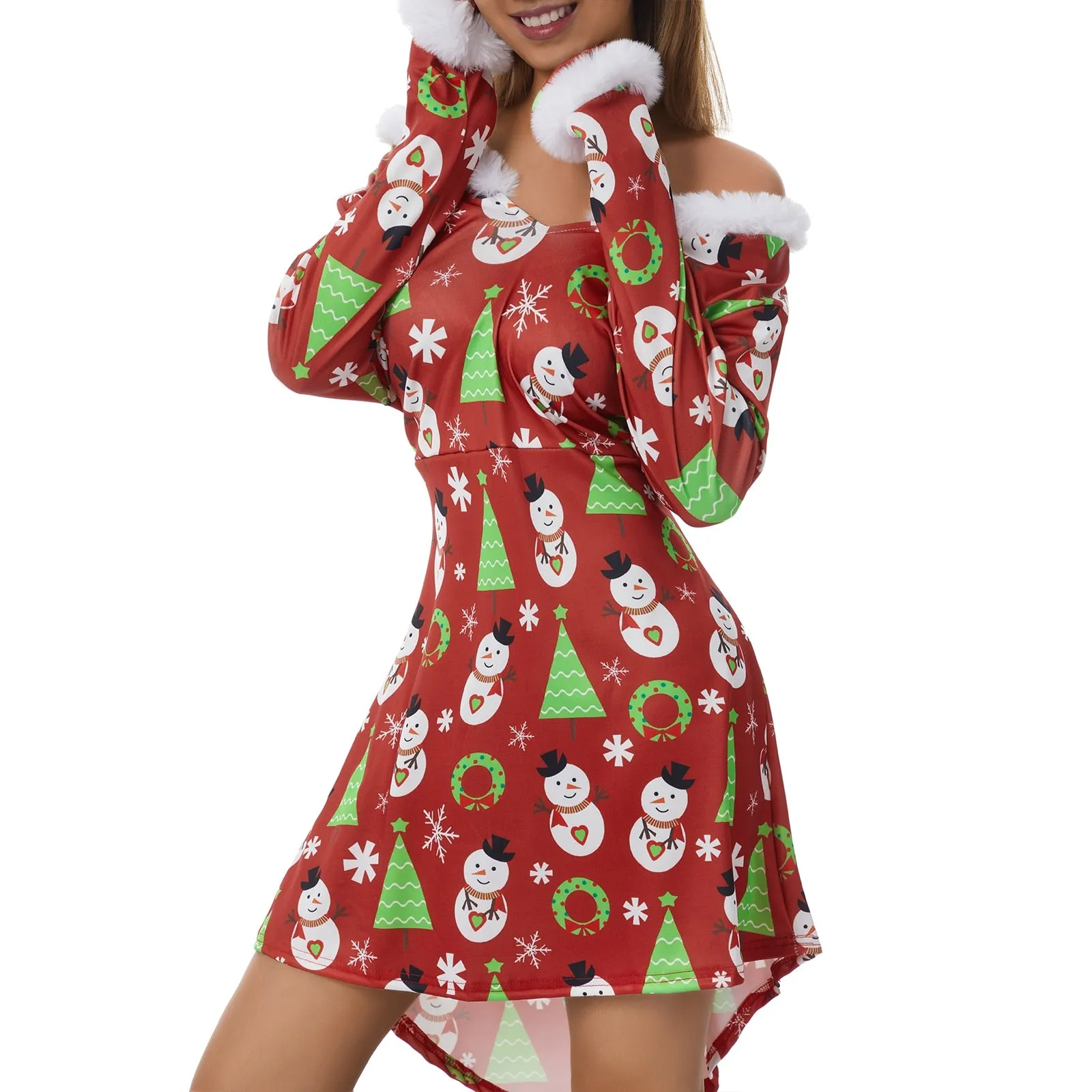 Amy Fashion - Christmas Long Sleeve Plush V Neck  Casual Dresses