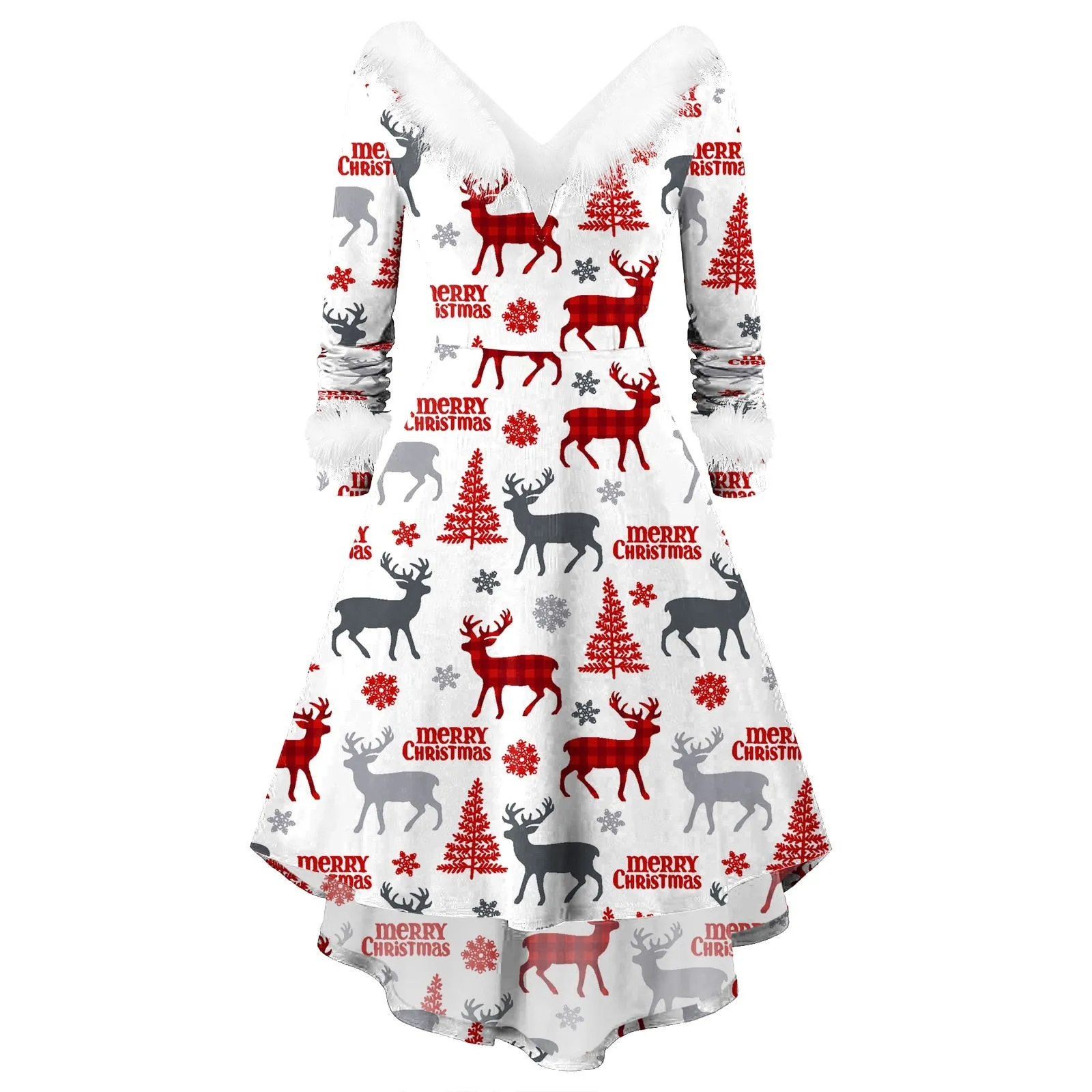Amy Fashion - Christmas Long Sleeve Plush V Neck  Casual Dresses