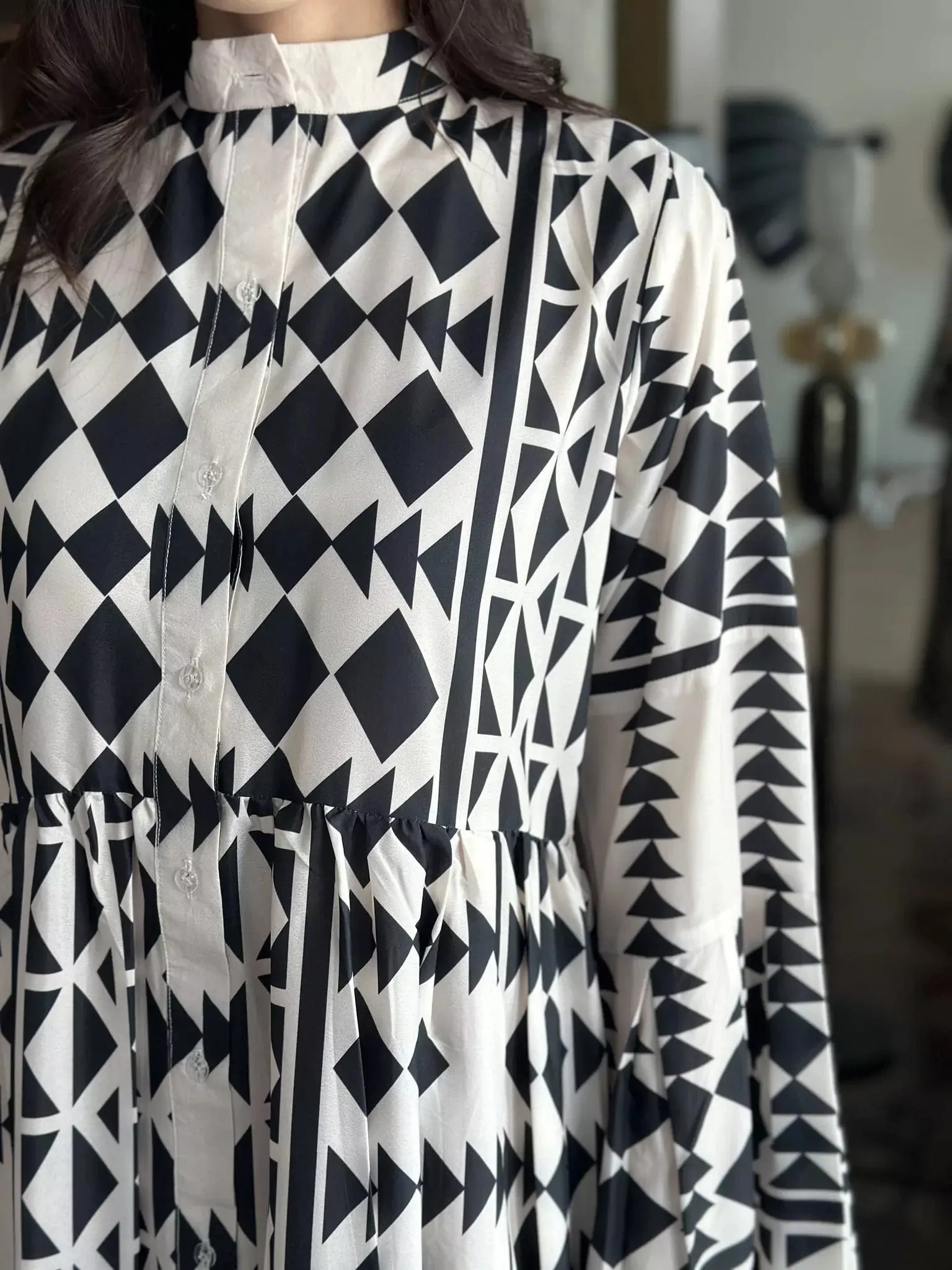 Black Merry Geometric Dress Black and White