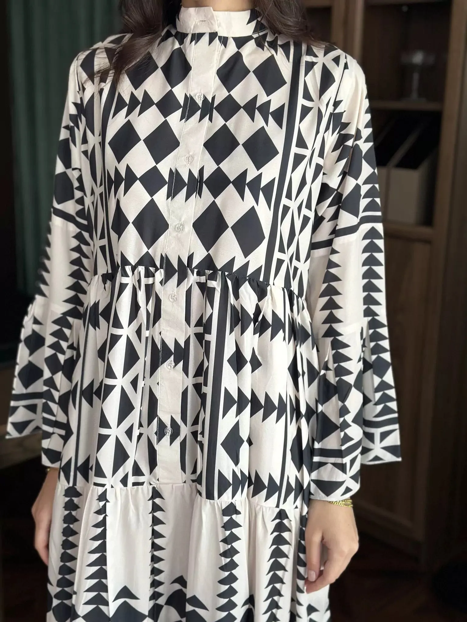 Black Merry Geometric Dress Black and White