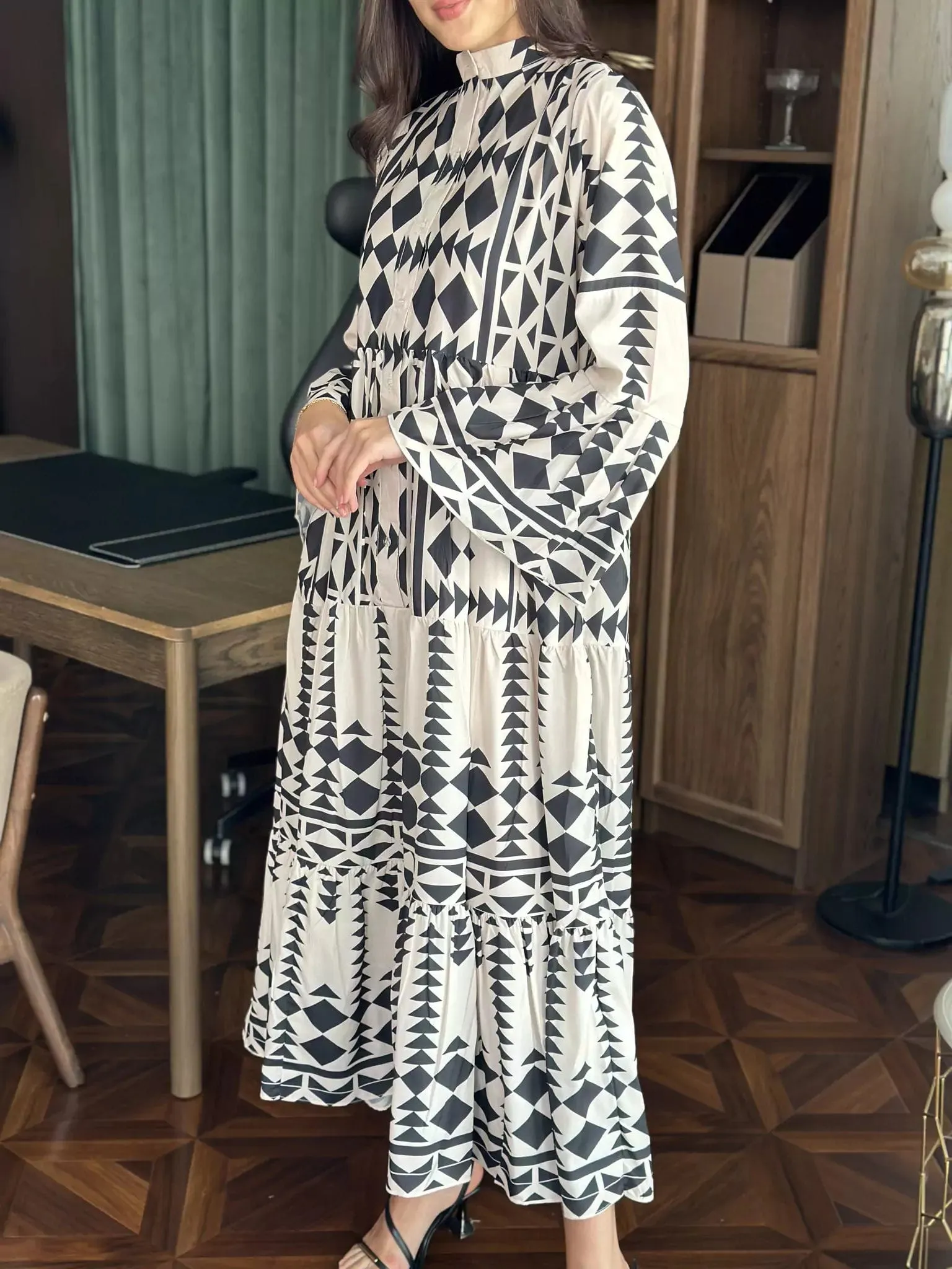 Black Merry Geometric Dress Black and White