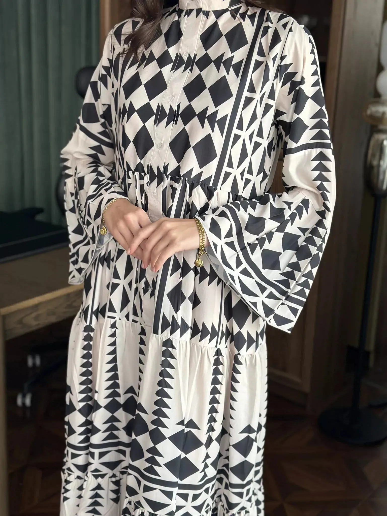Black Merry Geometric Dress Black and White