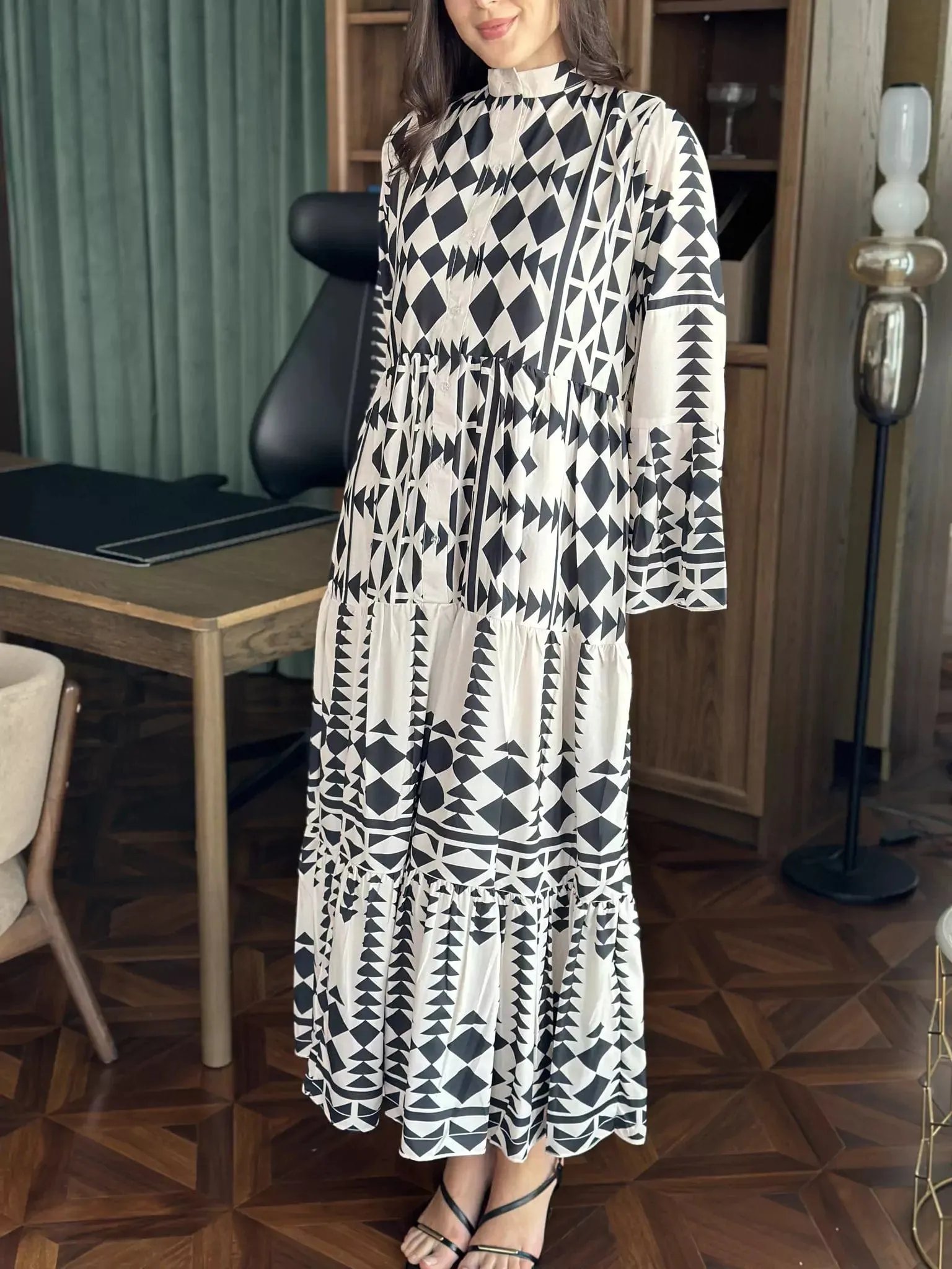 Black Merry Geometric Dress Black and White