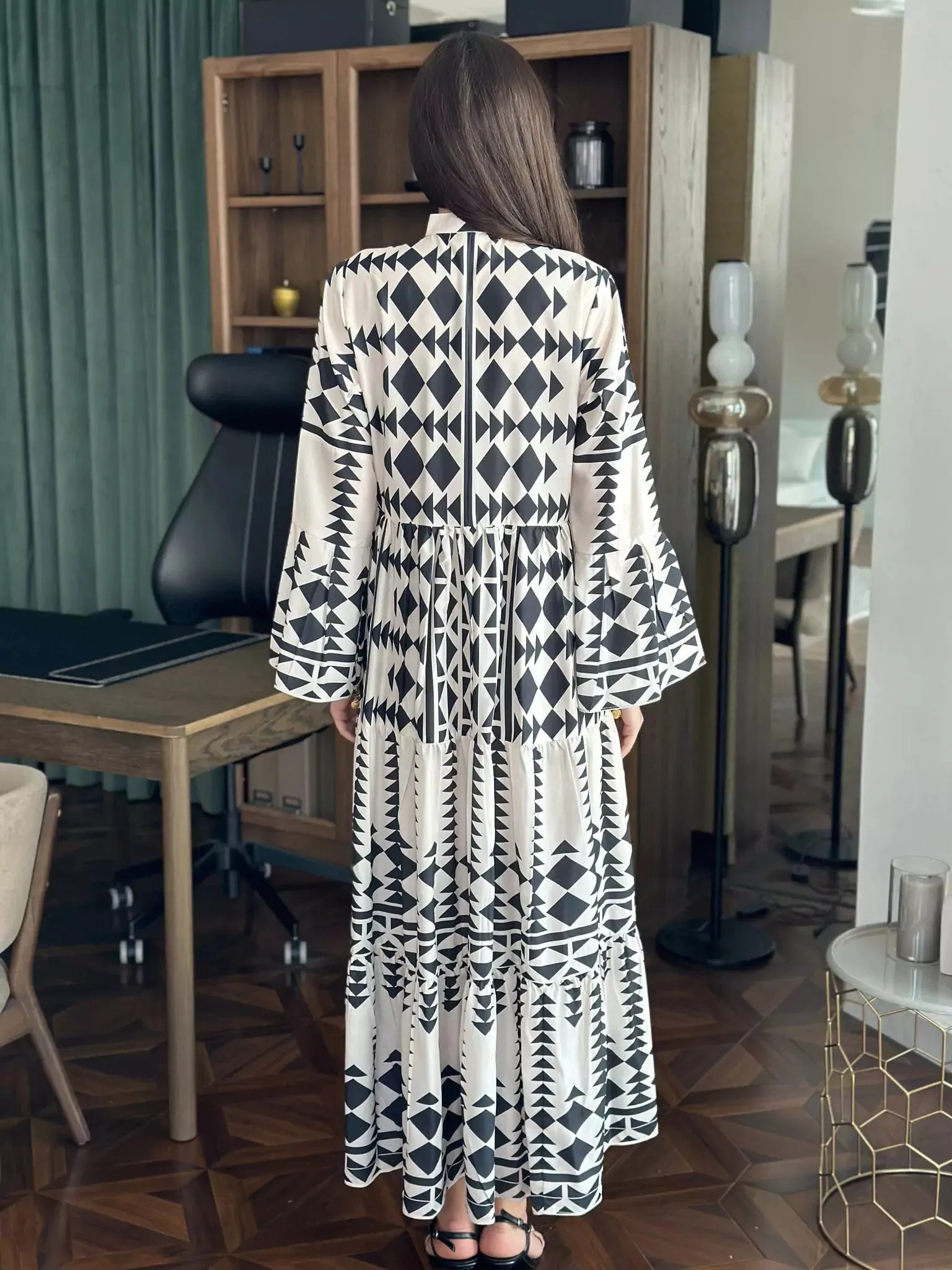 Black Merry Geometric Dress Black and White