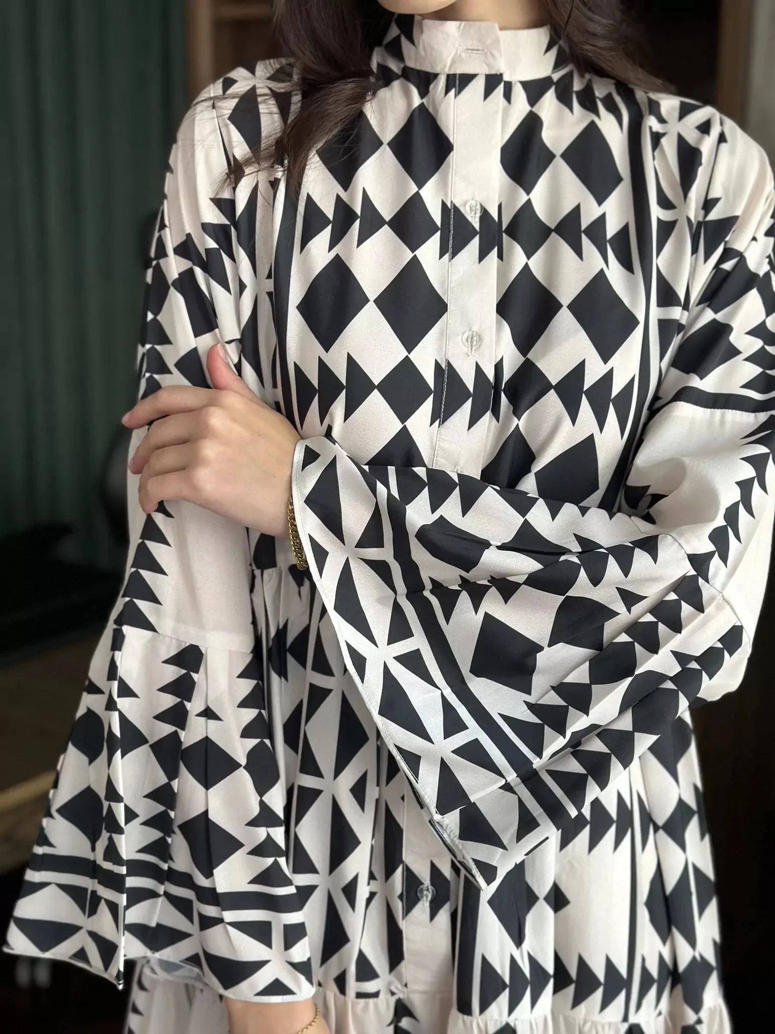 Black Merry Geometric Dress Black and White