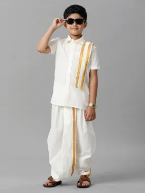 Boys Cotton Cream Half Sleeves Shirt Panchakacham Towel Combo