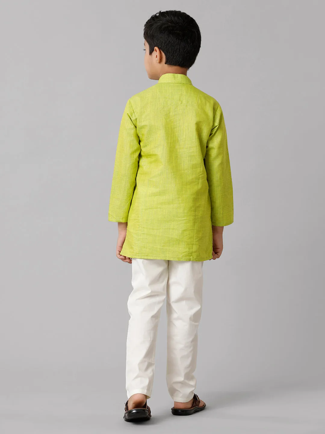 Boys Cotton Full Sleeves Parrot Green Kurta with Cream Pyjama Pant Combo FS2