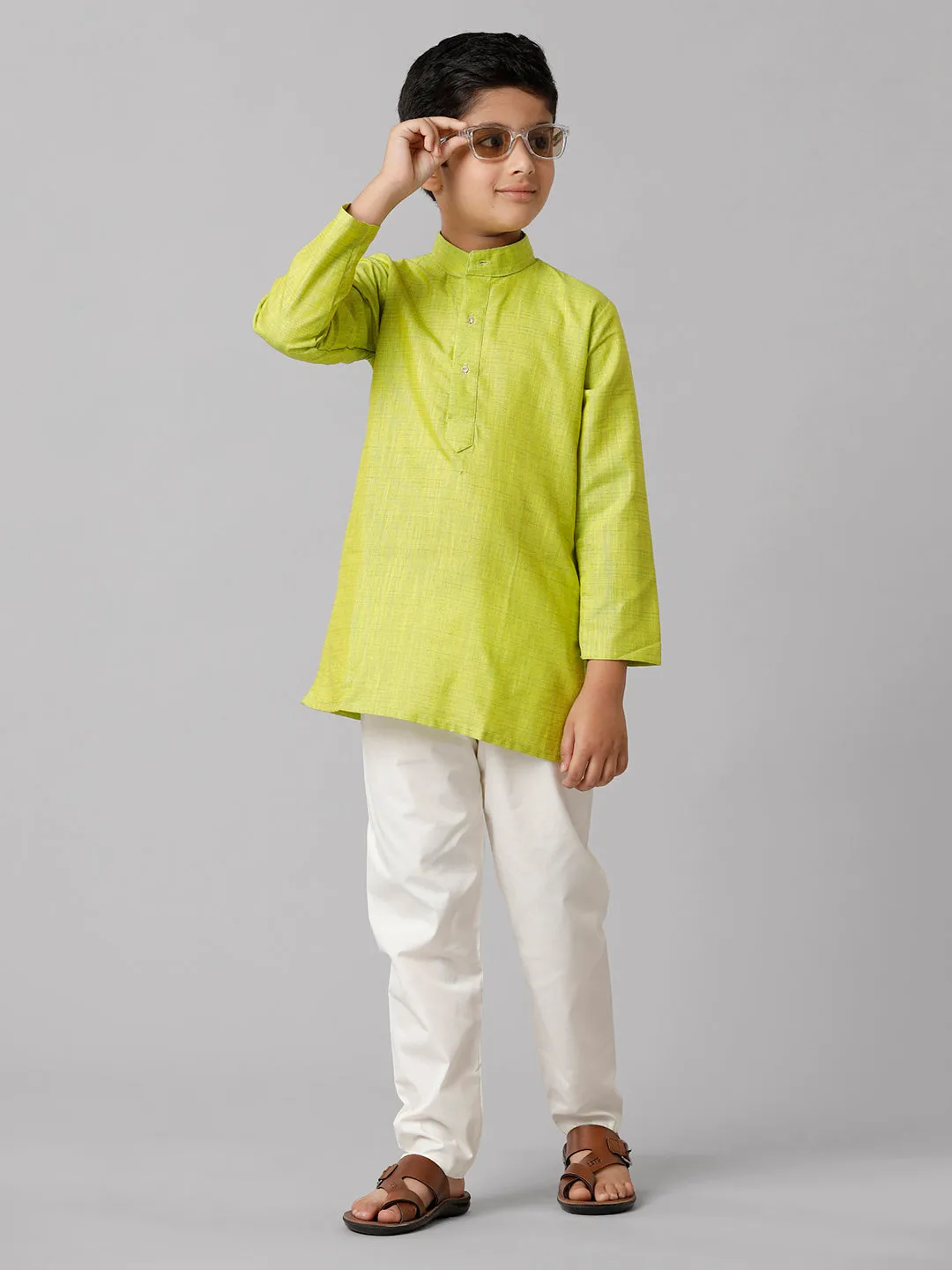 Boys Cotton Full Sleeves Parrot Green Kurta with Cream Pyjama Pant Combo FS2
