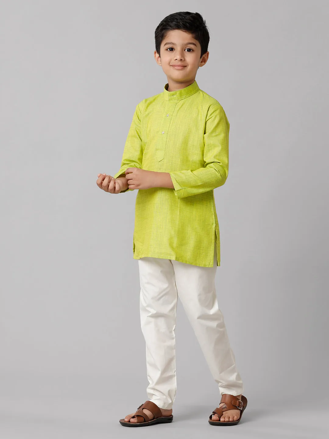 Boys Cotton Full Sleeves Parrot Green Kurta with Cream Pyjama Pant Combo FS2
