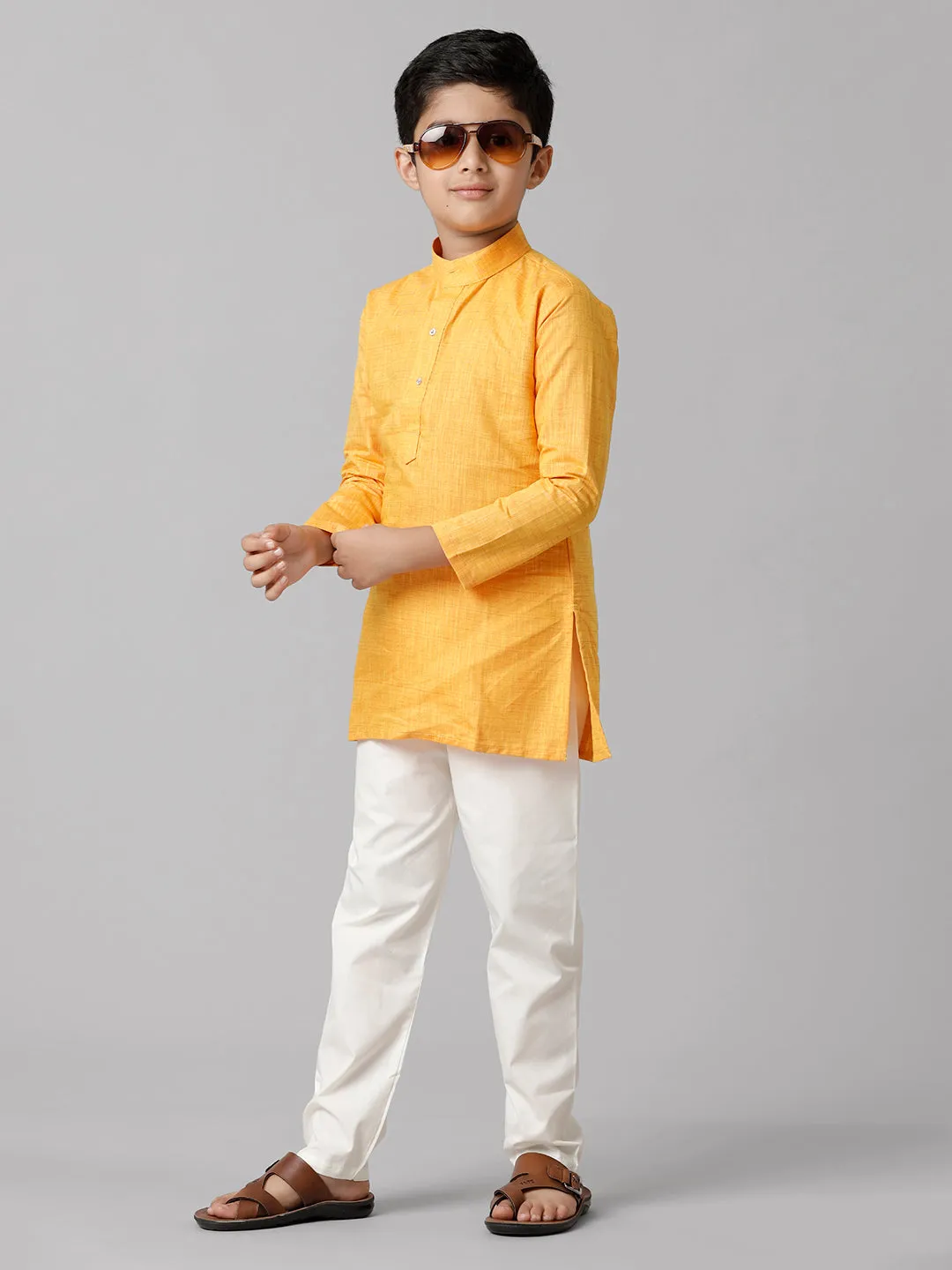 Boys Cotton Full Sleeves Yellow Kurta with Cream Pyjama Pant Combo FS1
