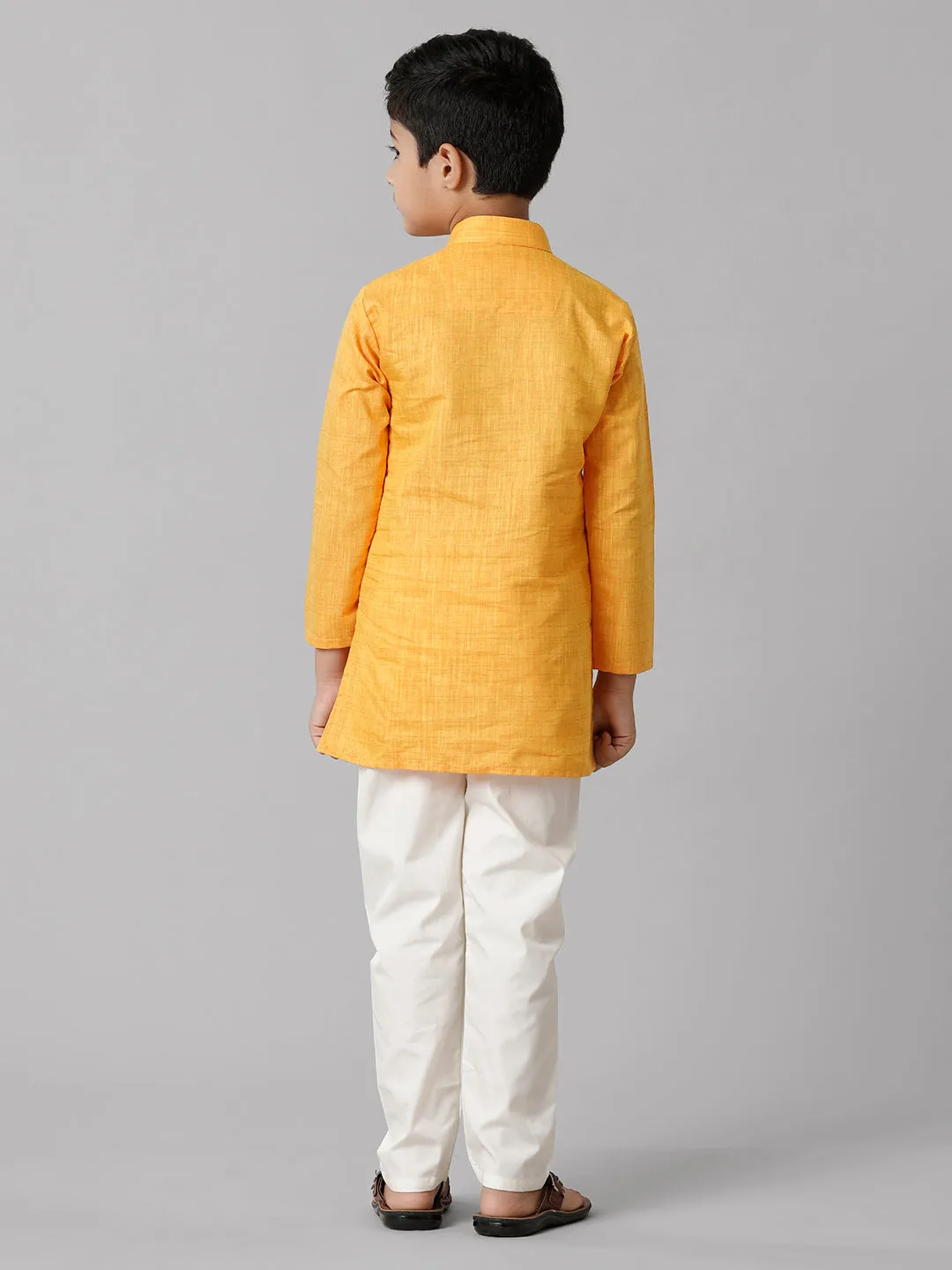 Boys Cotton Full Sleeves Yellow Kurta with Cream Pyjama Pant Combo FS1