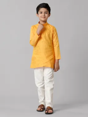 Boys Cotton Full Sleeves Yellow Kurta with Cream Pyjama Pant Combo FS1