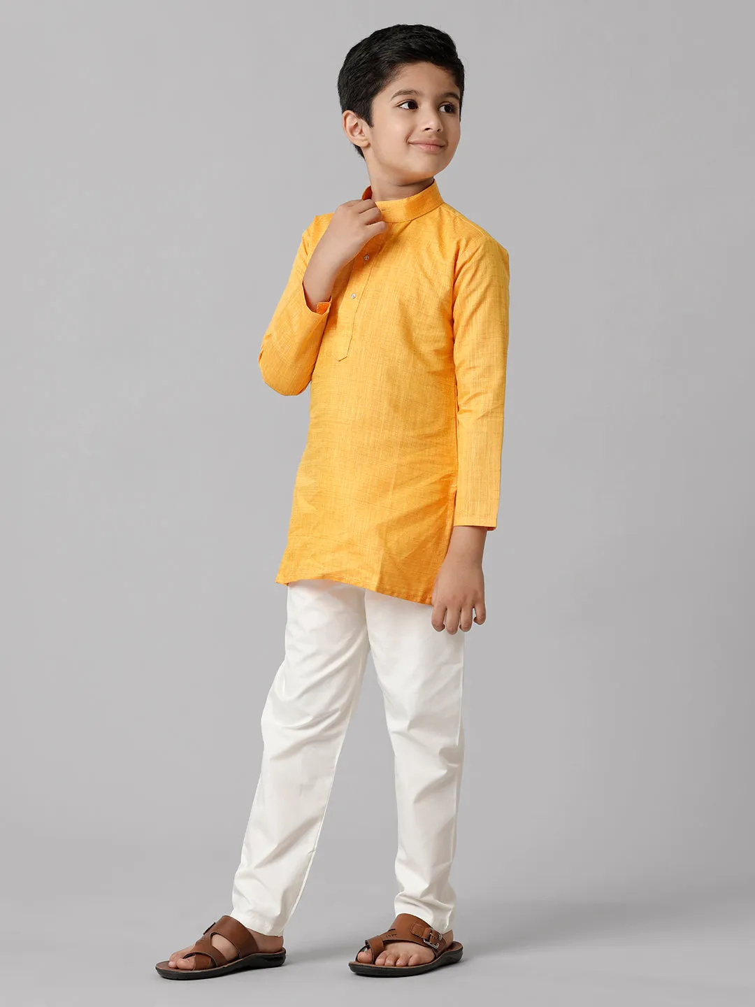 Boys Cotton Full Sleeves Yellow Kurta with Cream Pyjama Pant Combo FS1