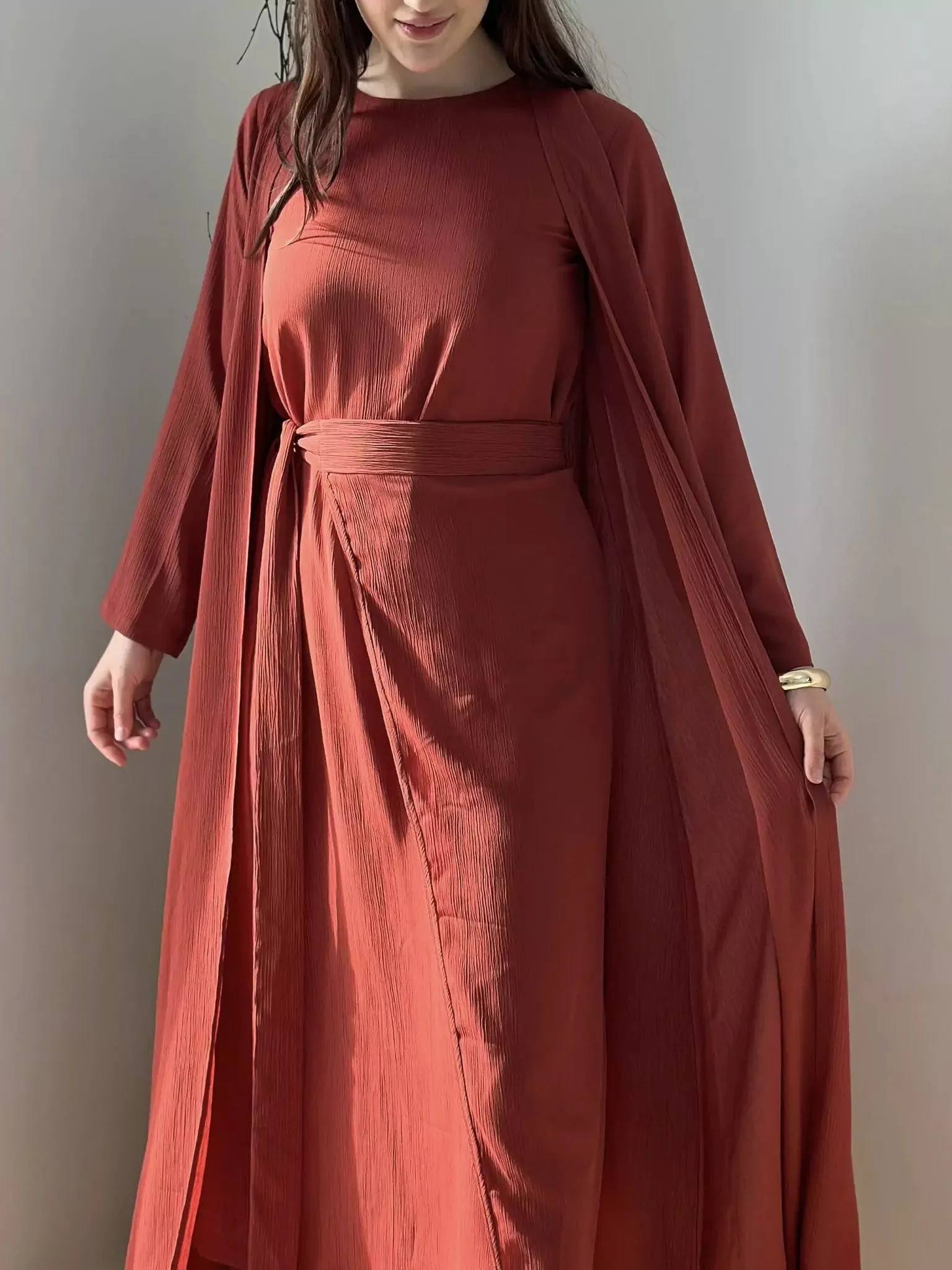 Brunette Dress And Upper Set