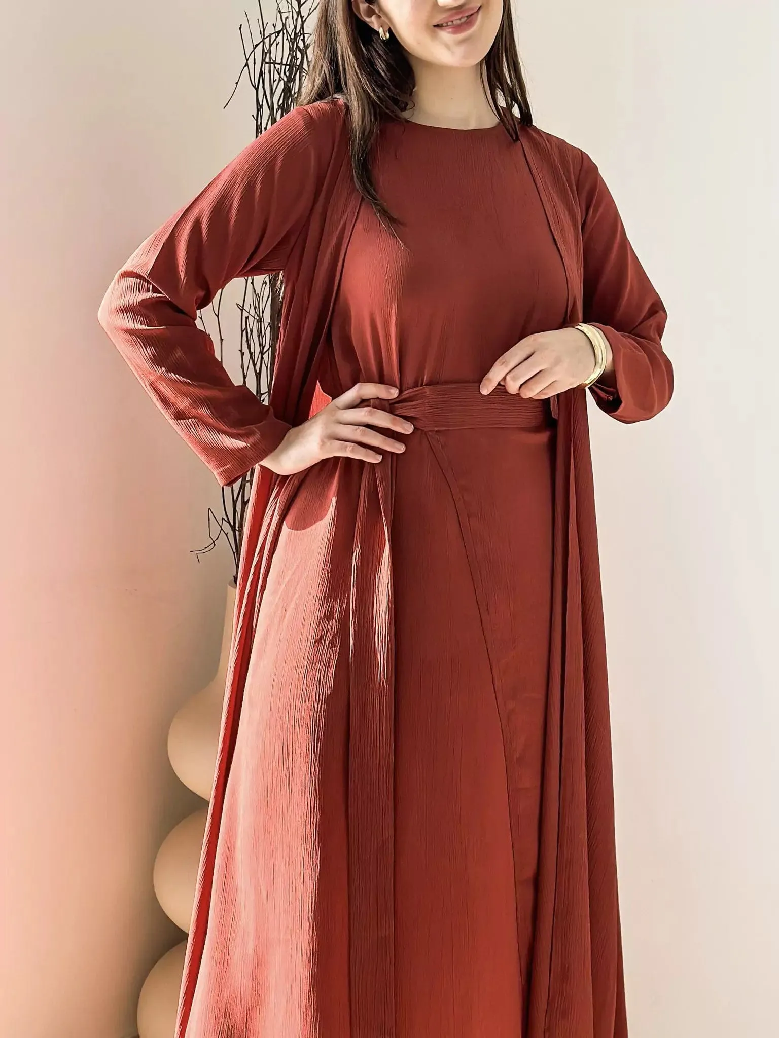 Brunette Dress And Upper Set