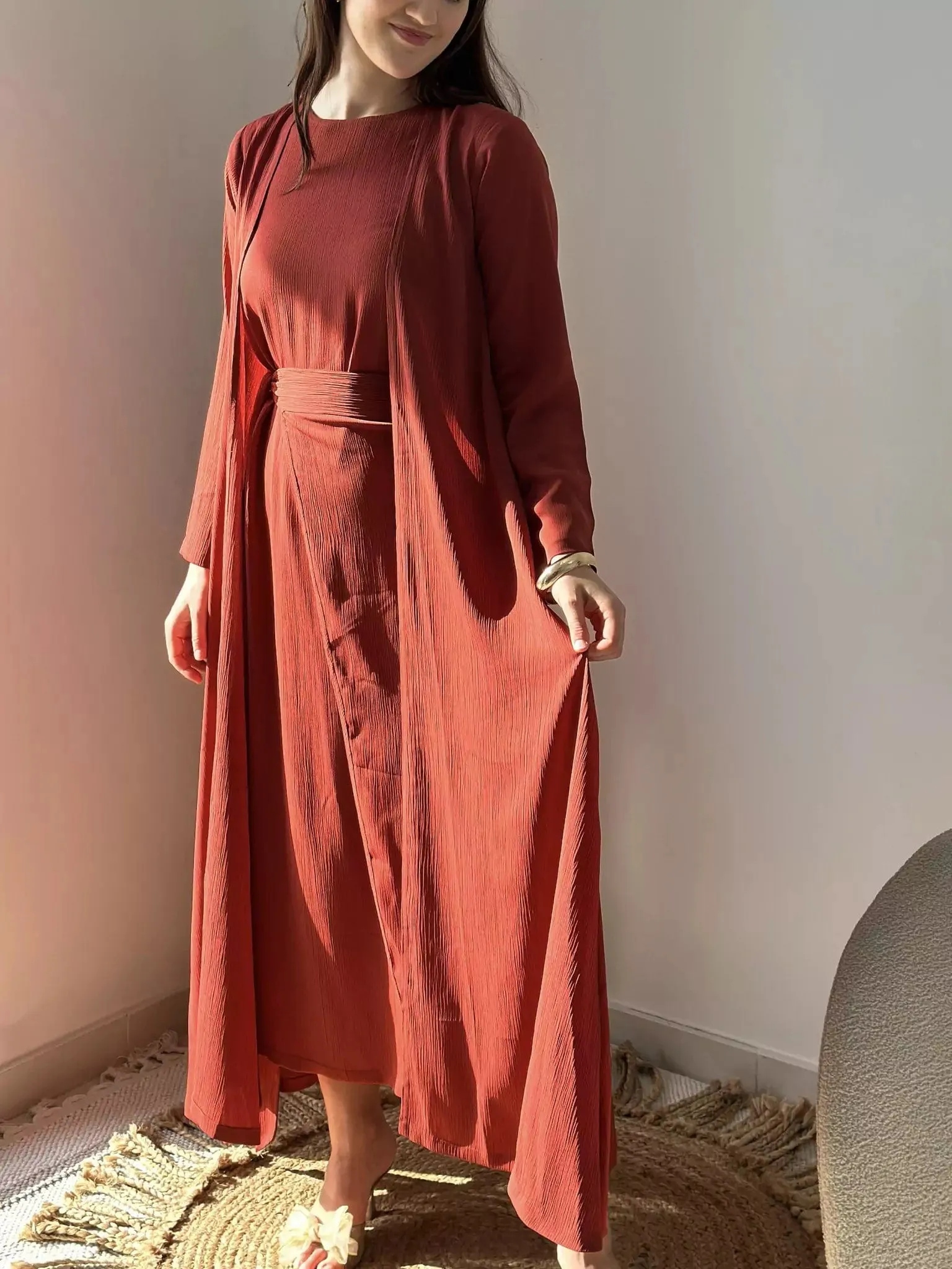 Brunette Dress And Upper Set