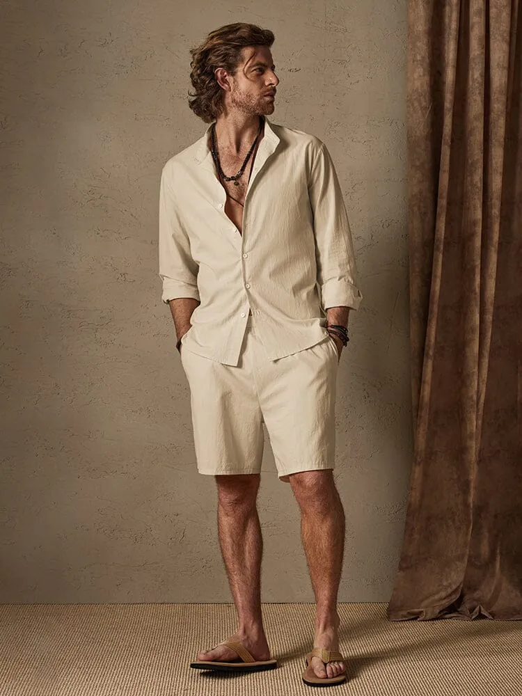 Casual Solid Color Cotton Linen Beach Shirt Set