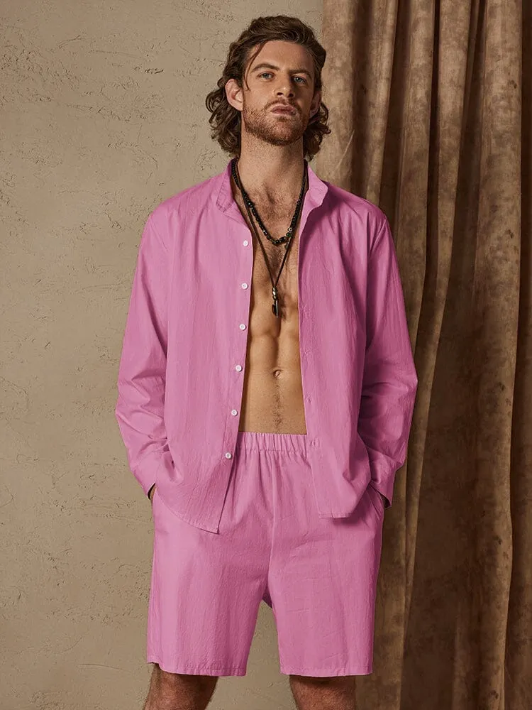 Casual Solid Color Cotton Linen Beach Shirt Set