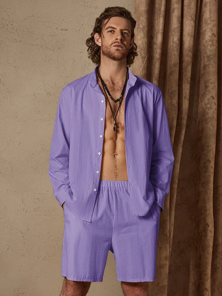 Casual Solid Color Cotton Linen Beach Shirt Set