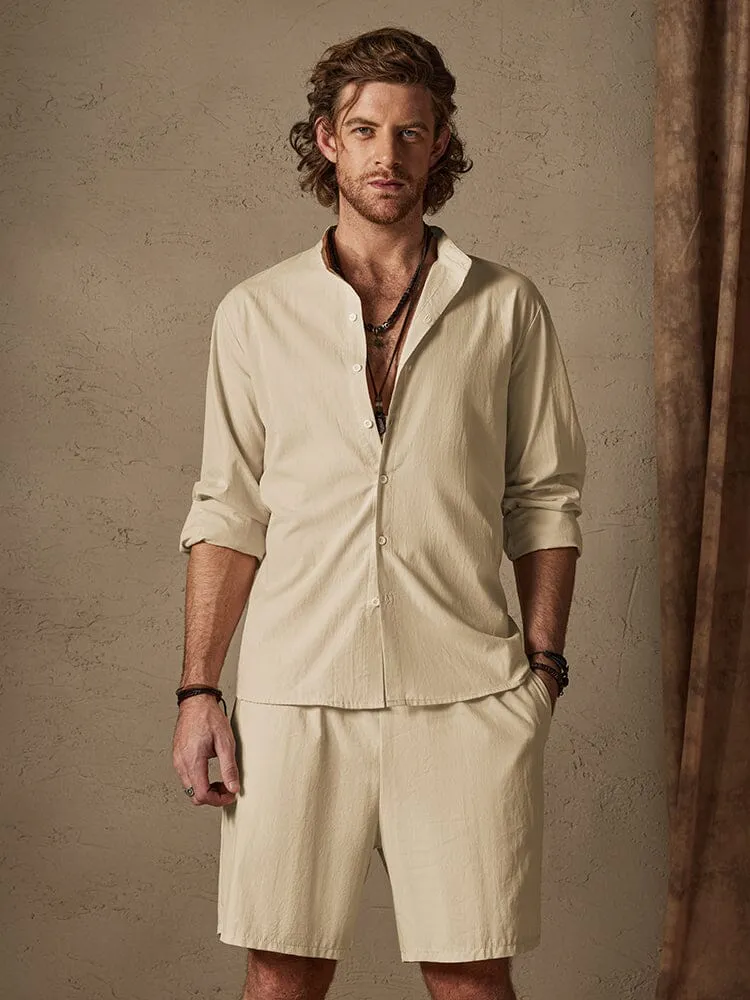 Casual Solid Color Cotton Linen Beach Shirt Set