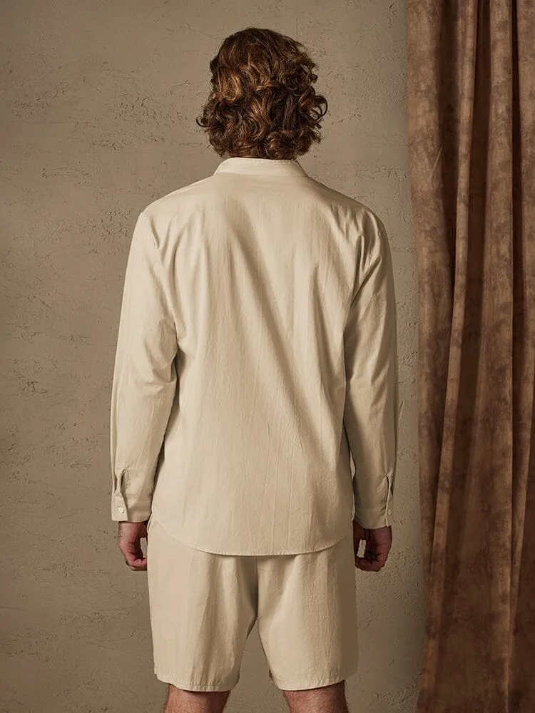 Casual Solid Color Cotton Linen Beach Shirt Set