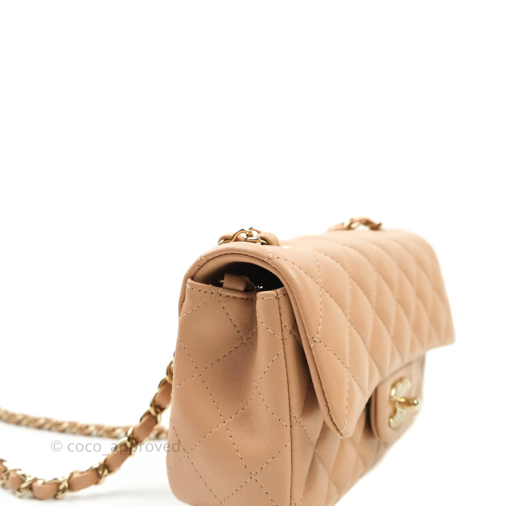 CChanel Quilted Mini Rectangular Lambskin Beige Gold Hardware 21A