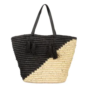 Color Blocked Tote With Leather Handles & Paper Tassels