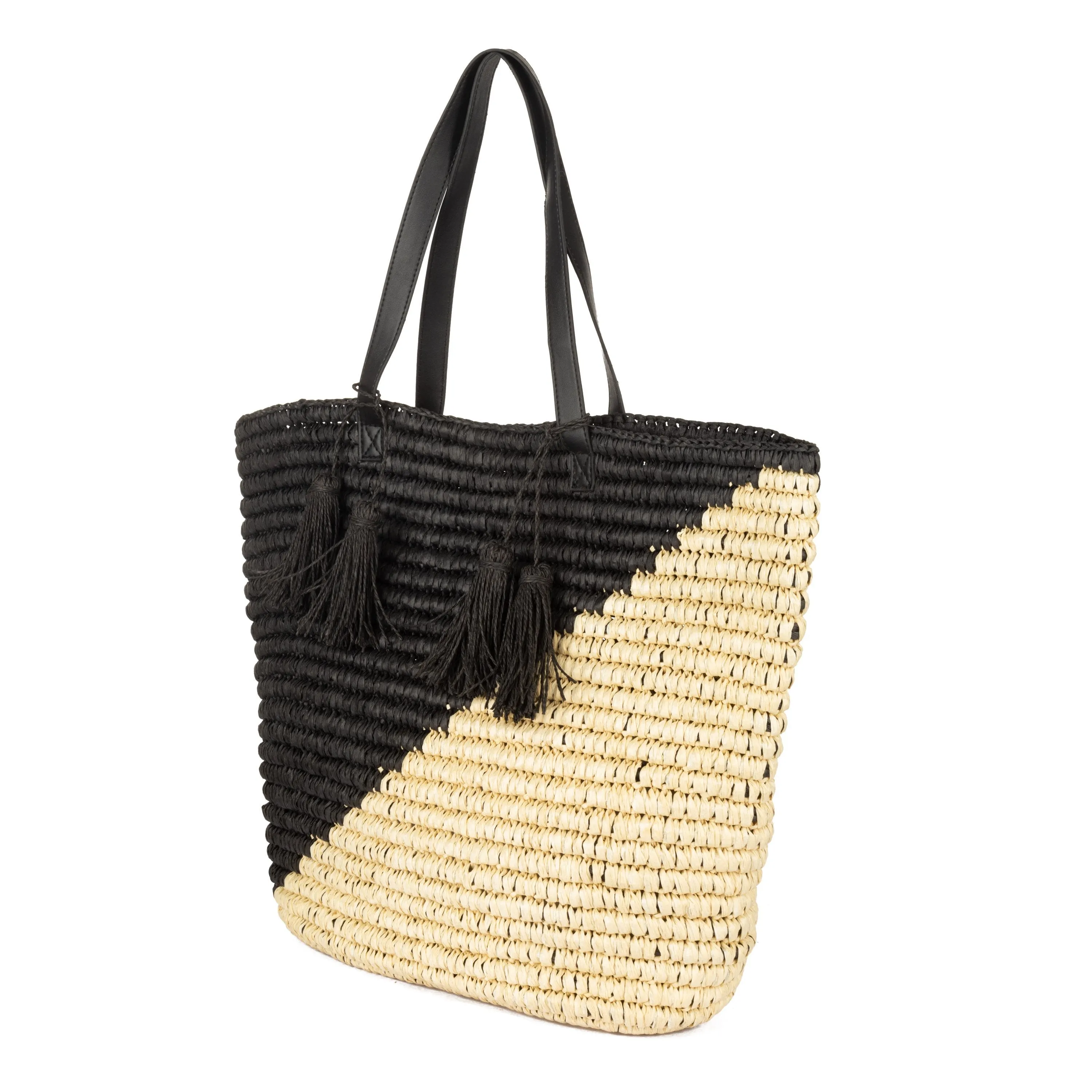 Color Blocked Tote With Leather Handles & Paper Tassels