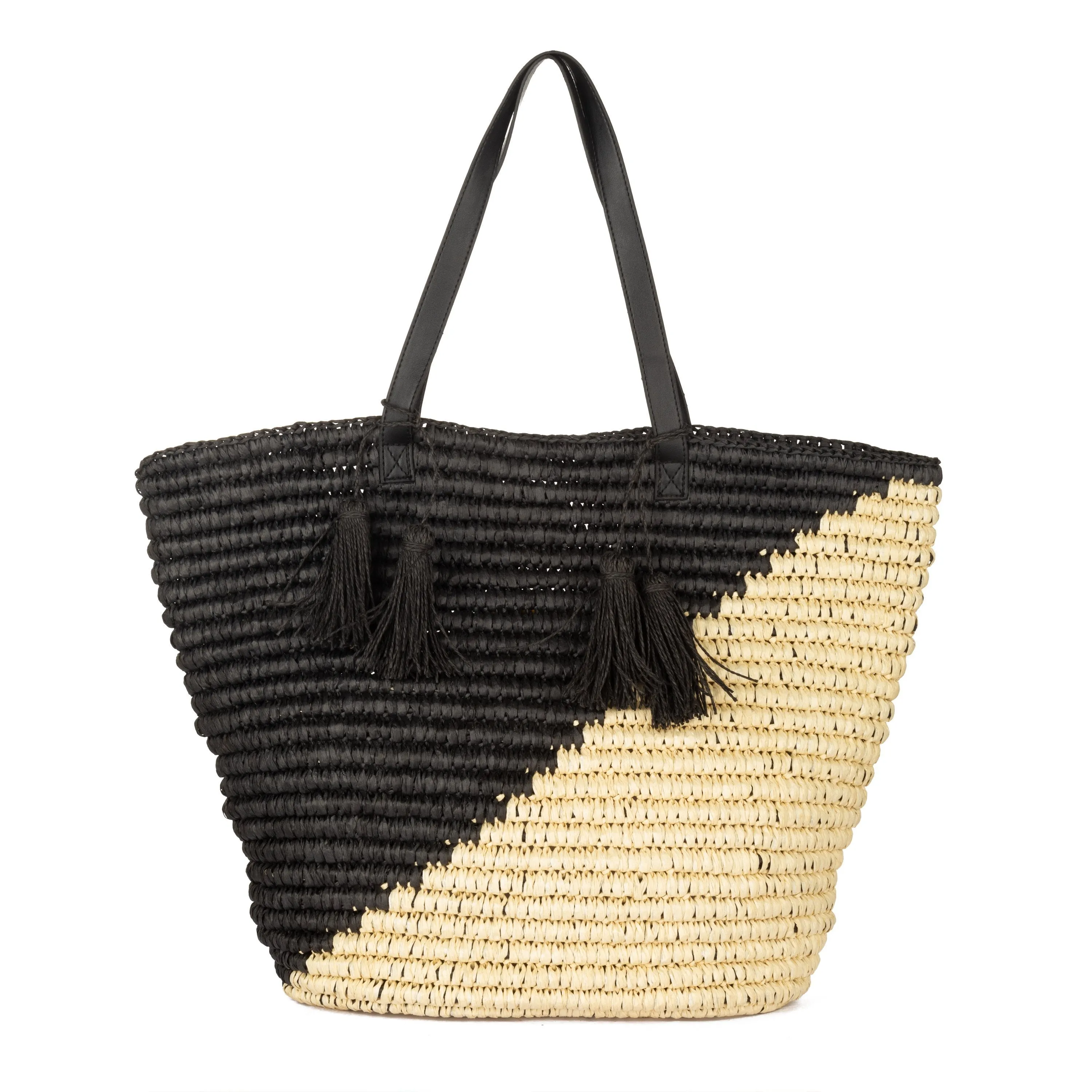Color Blocked Tote With Leather Handles & Paper Tassels