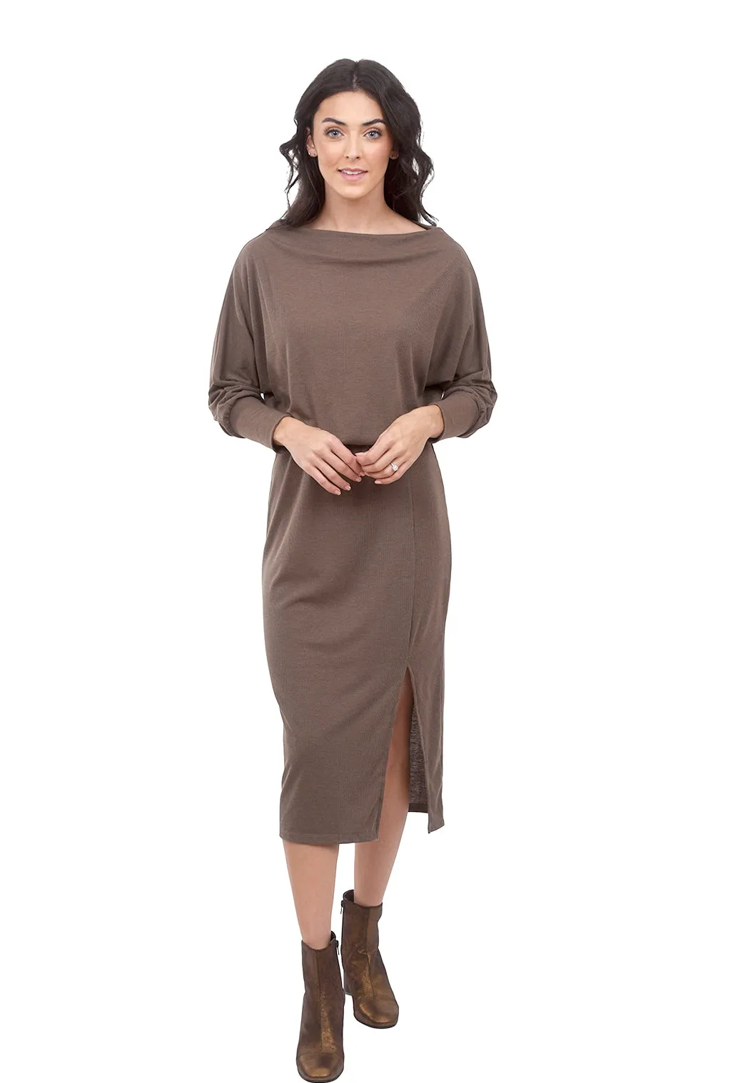 Dolman-Sleeve Midi Dress, Taupe