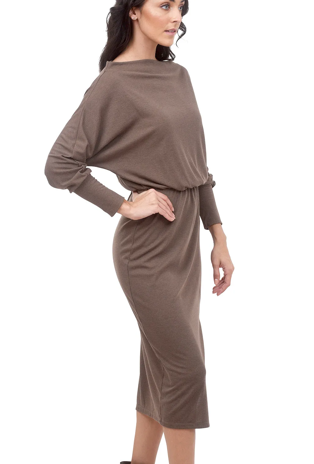 Dolman-Sleeve Midi Dress, Taupe