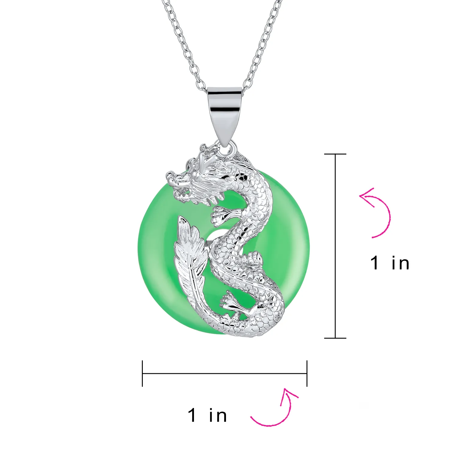 Dragon Round Circle Green or Red Jade Pendant Sterling Silver Necklace