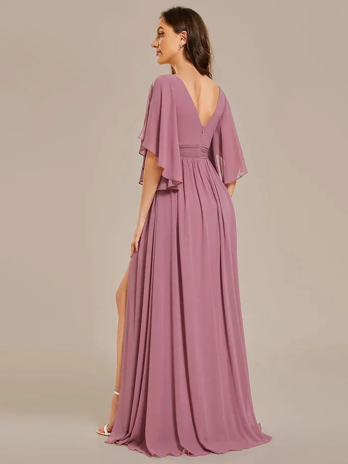 Ever Pretty Woman'S Sexiness Sage Green V Neck Pleated Belt High Slit Chiffon Bridesmaid Dresses