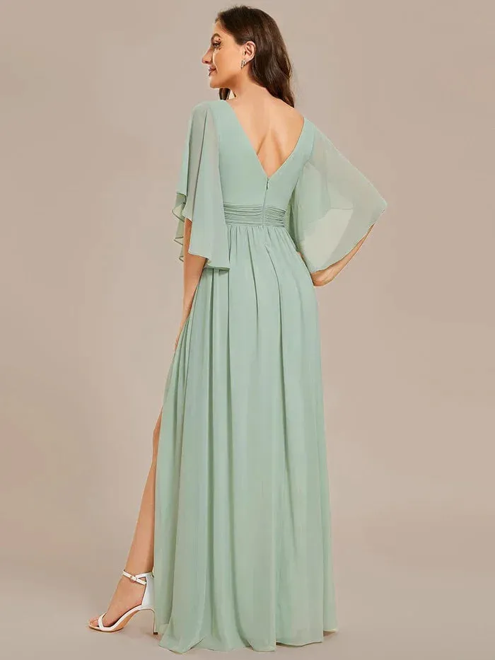 Ever Pretty Woman'S Sexiness Sage Green V Neck Pleated Belt High Slit Chiffon Bridesmaid Dresses