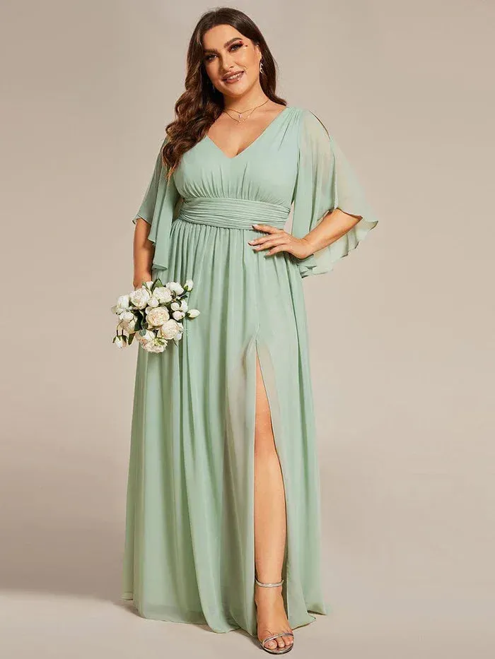 Ever Pretty Woman'S Sexiness Sage Green V Neck Pleated Belt High Slit Chiffon Bridesmaid Dresses