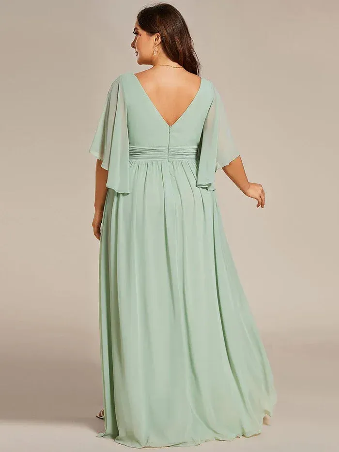 Ever Pretty Woman'S Sexiness Sage Green V Neck Pleated Belt High Slit Chiffon Bridesmaid Dresses