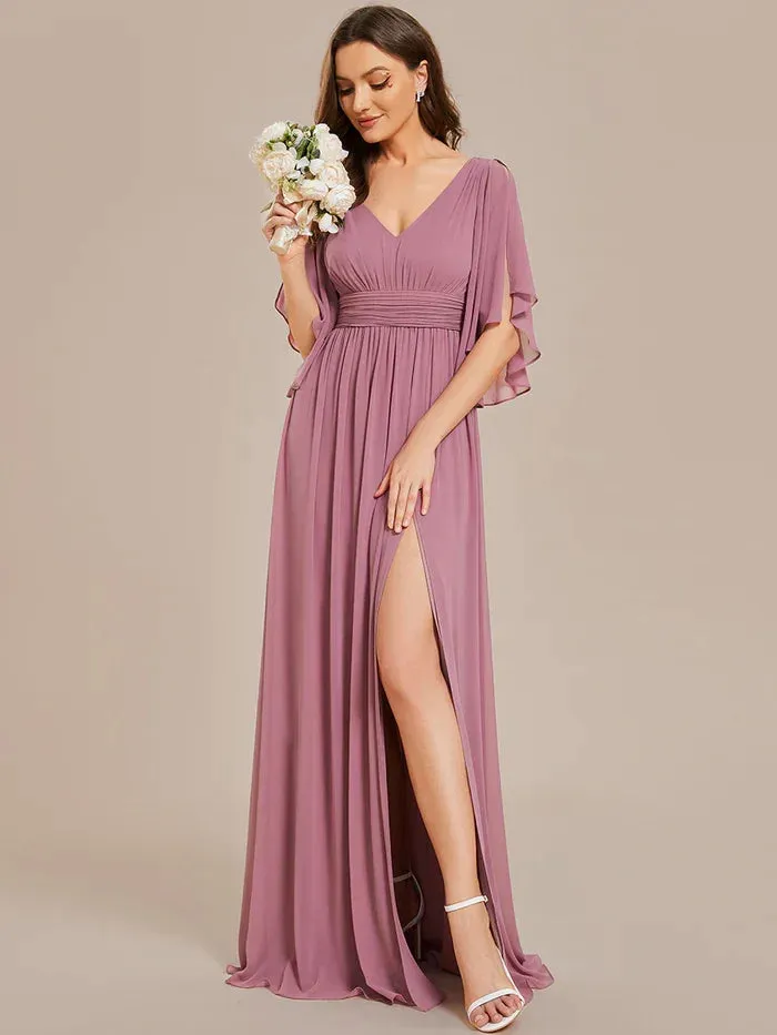 Ever Pretty Woman'S Sexiness Sage Green V Neck Pleated Belt High Slit Chiffon Bridesmaid Dresses