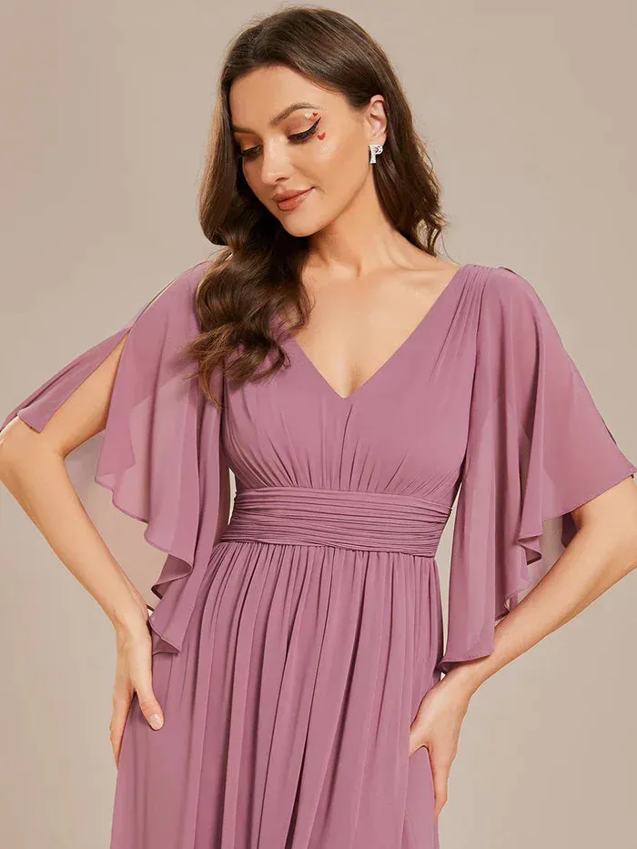 Ever Pretty Woman'S Sexiness Sage Green V Neck Pleated Belt High Slit Chiffon Bridesmaid Dresses