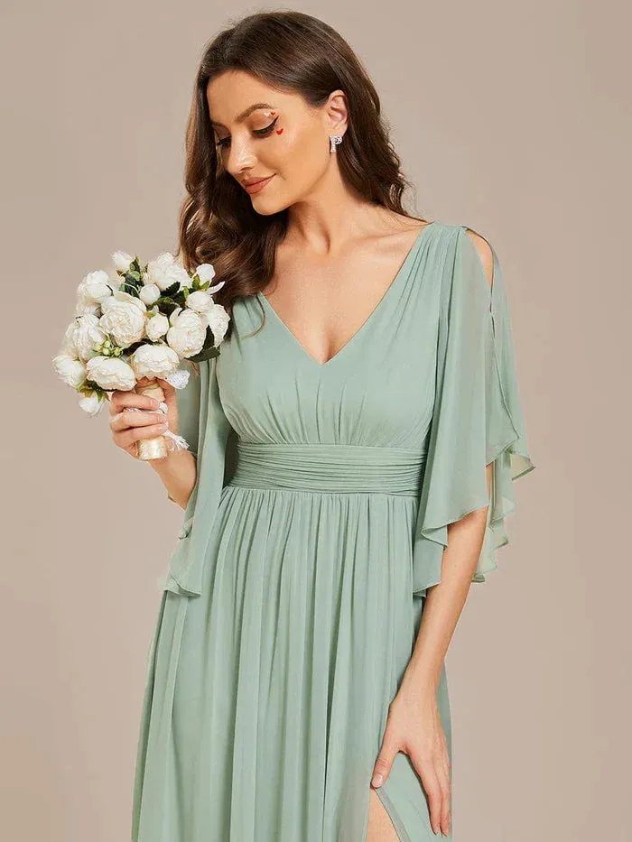 Ever Pretty Woman'S Sexiness Sage Green V Neck Pleated Belt High Slit Chiffon Bridesmaid Dresses