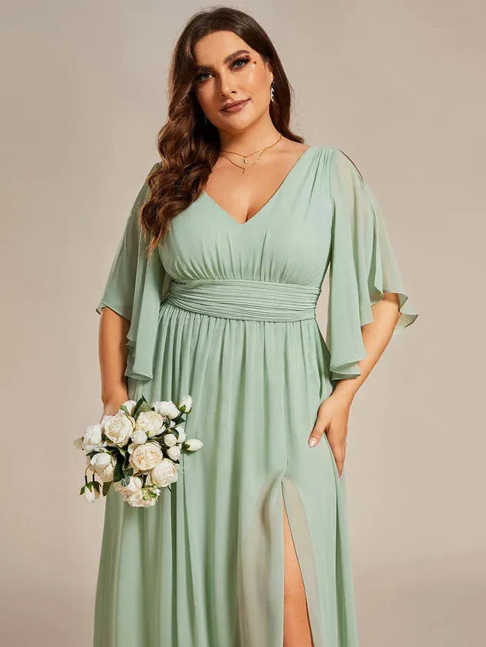 Ever Pretty Woman'S Sexiness Sage Green V Neck Pleated Belt High Slit Chiffon Bridesmaid Dresses