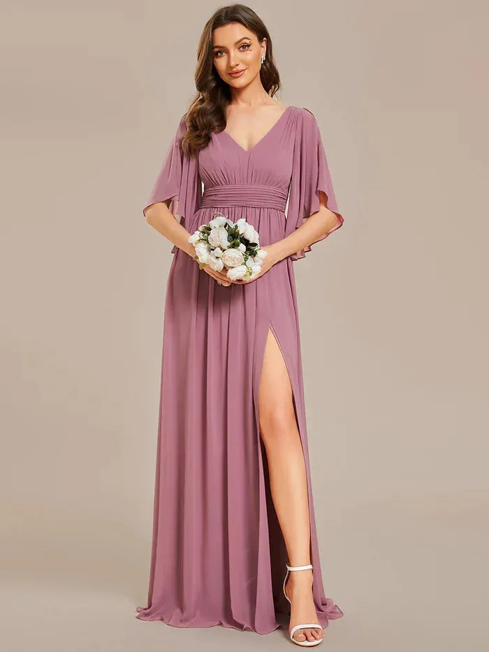 Ever Pretty Woman'S Sexiness Sage Green V Neck Pleated Belt High Slit Chiffon Bridesmaid Dresses